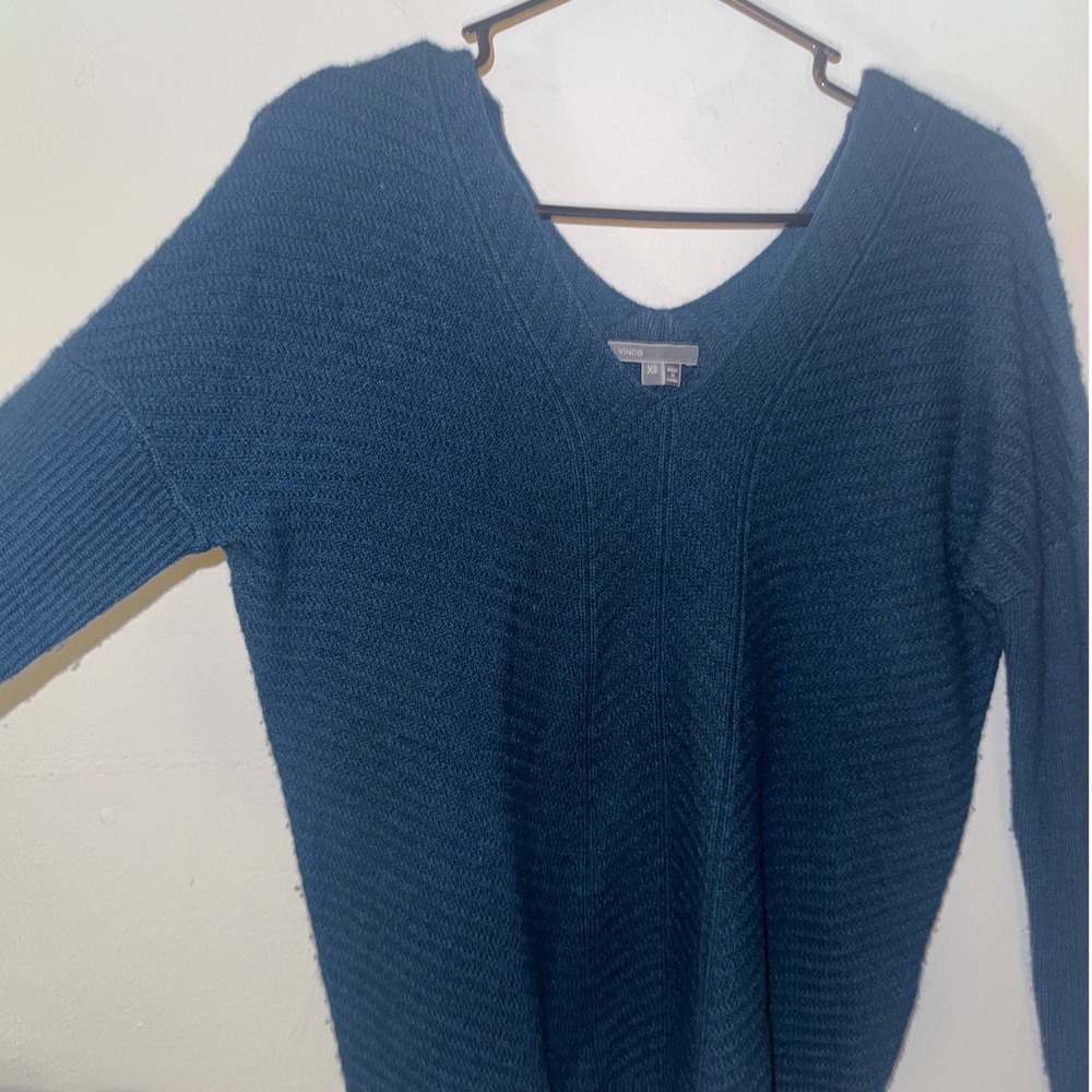 Vince Teal Blue Wool Cashmere V-Neck Knit Sweater Womens XS Long Sleeve Luxury